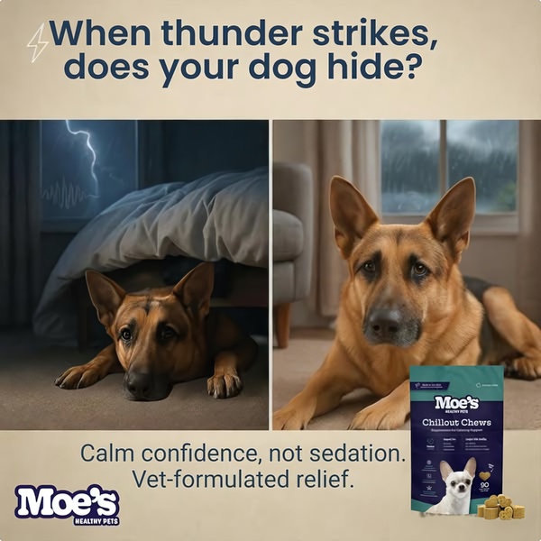 A split-screen visual ad comparing a fearful dog during a storm to a calm dog after using a supplement product.